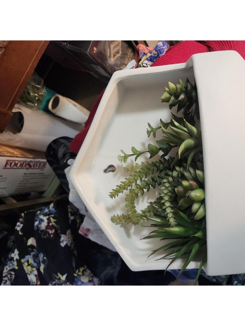 White hexagon planter with fake green succulents #succulents #geometric